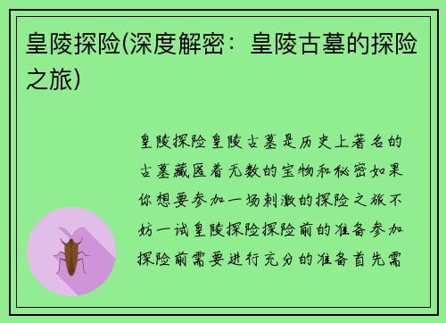 皇陵探险(深度解密：皇陵古墓的探险之旅)